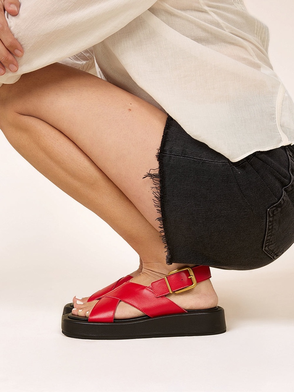 NWOT Charlotte Stone Red Leather Platform Cross-Strap Sandals with Gold Buckle